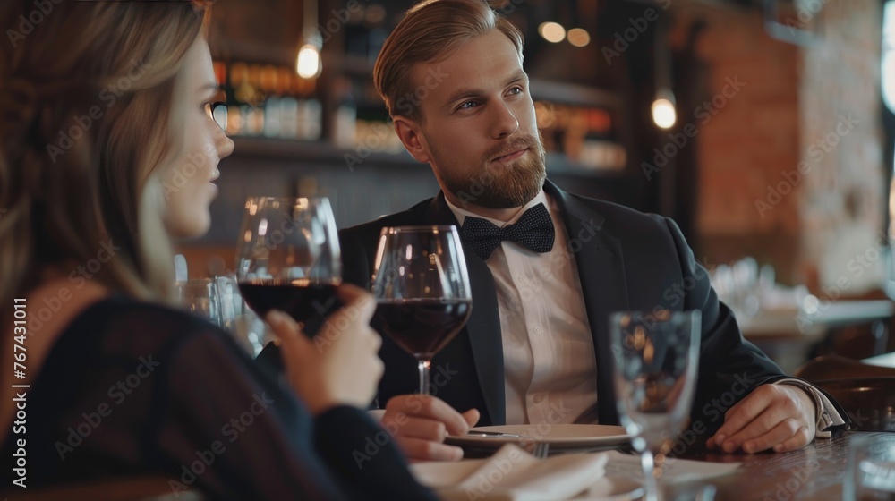 Businessman in the formal suit drinking wine in the dinner at restaurant. AI generated image