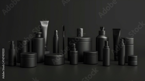 3d isometric illustration of set of diverse cosmetic containers in black color isolated on black background. Cosmetic jars, bottles, tube, sprays and other containers mockup. 3D Illustration