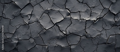 A close up of a cracked grey road surface with a pattern resembling twigs. The monochrome photography captures the composite material landscape with soil