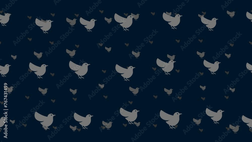Bird symbols float horizontally from left to right. Parallax fly effect. Floating symbols are located randomly. Seamless looped 4k animation on dark blue background Bird symbols float horizontally from left to right. Parallax fly effect. Floating symbols are located randomly. Seamless looped 4k animation on dark blue background