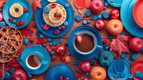  a wooden table topped with blue and red plates and cups filled with different types of desserts and toppings.