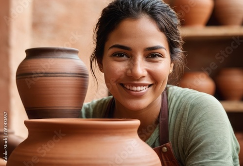 A woman artisan smiles while working with clay pottery. She's in a creative studio environment.