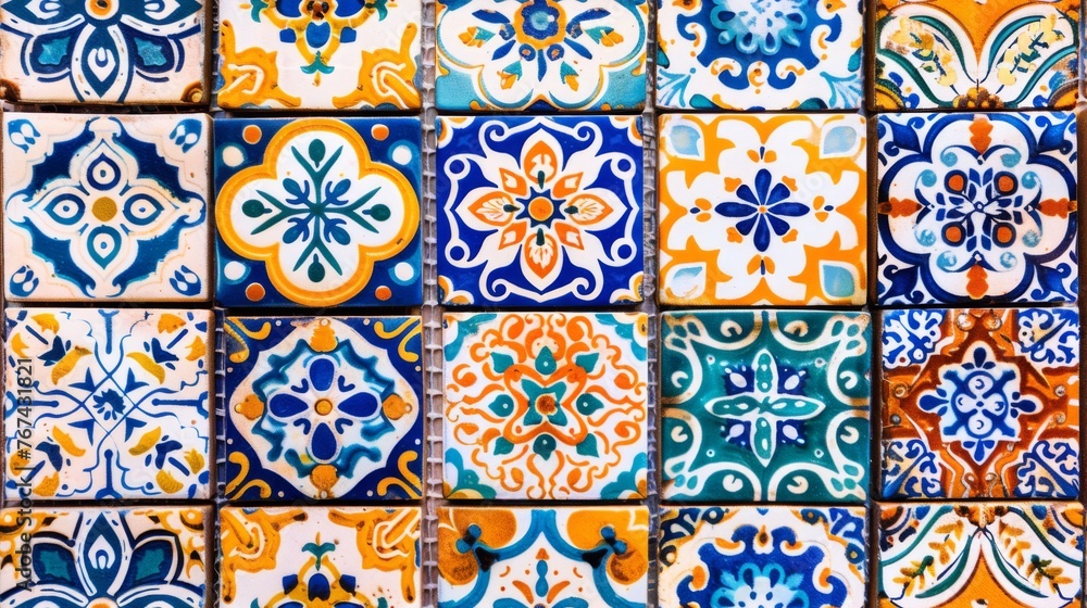  a close up of a tiled wall with many different colors and shapes of tiles in the same pattern as well as the colors of the tiles.