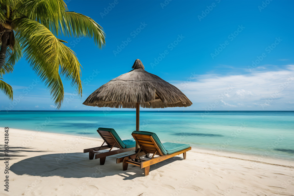 Umbrellas and chaise longues perfect beach with blue transparent sea