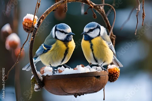 Two blue tits perch on a snow-covered bird feeder filled with seeds, surrounded by bare branches and red berries in winter. photo