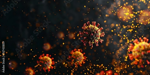 Closeup of coronavirus outbreak showing red and yellow virus particles on a black background. Concept COVID-19, Virus Particles, Outbreak, Closeup Photography, Black Background photo