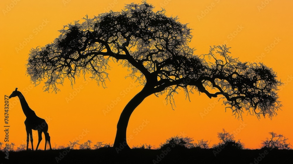  a giraffe standing next to a tree with a yellow sky in the backgrounnd of it.