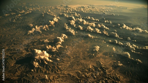  a photo taken from an airplane looking down at the clouds in the sky over a plain of land and land.