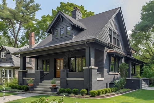 A sleek craftsman house exterior in matte charcoal gray  reflecting the urban ambiance of the neighborhood.