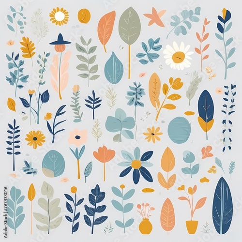 A collection of seamless pattern, colorful abstract plants and flowers. Hand drawn Collection of leaves and flowers. A close up of a pattern of flowers and leaves. 