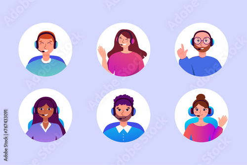 Call center operator avatar icon. People with headphones, customer service, assistant, support, call center. Call center operator avatar icon. Smiling office workers with headsets cartoon characters. 