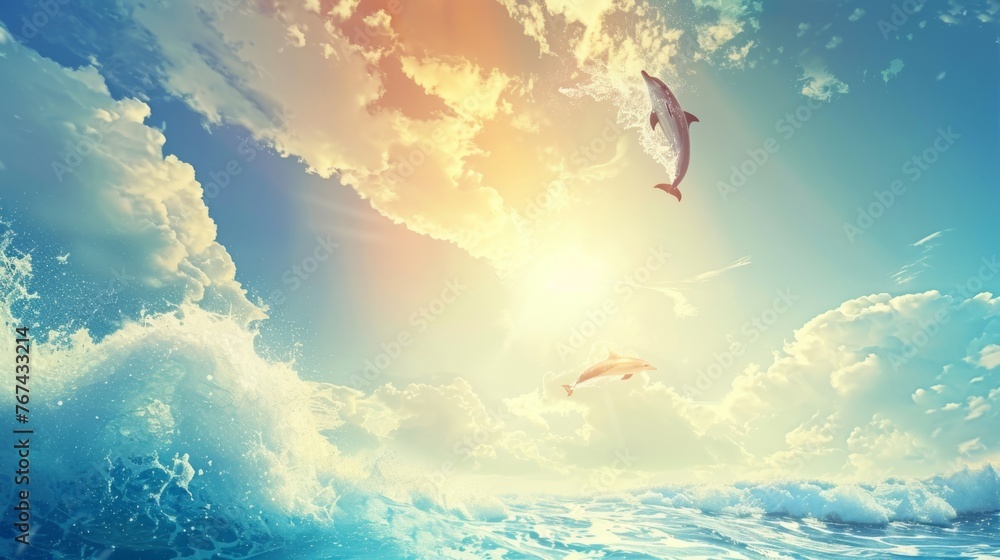  a painting of two dolphins swimming in the ocean with the sun shining through the clouds and the water behind them.