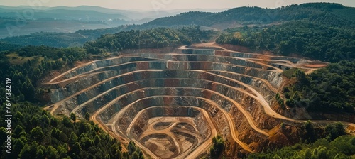 Aerial view of open pit coal mine in extractive industrial area, drone shot of mining operations