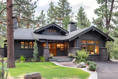 A sleek craftsman bungalow exterior in matte slate gray, surrounded by a forest of tall pine trees. © pick pix