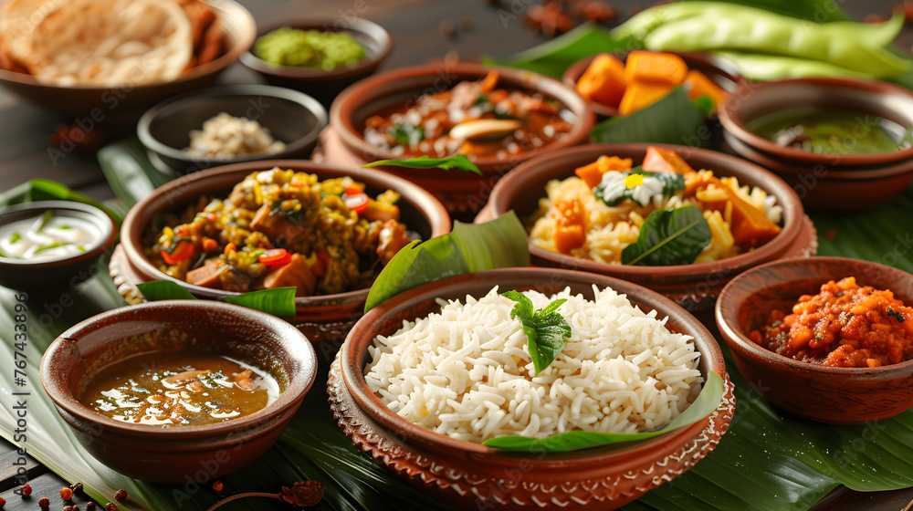 Onam sadya, a traditional vegetarian meal served on the festival day of Onam in Kerala, featuring rice and a variety of curries. A colorful and flavorful assortment of dishes enjoyed.