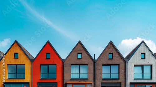 a row of houses with a blue sky