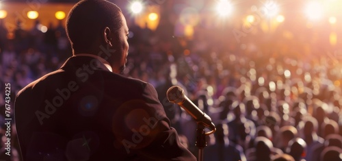 African American man giving a speech to a diverse audience. Speaker addressing a crowd from a podium. Concept of leadership, public speaking, conference, and diversity. Copy space