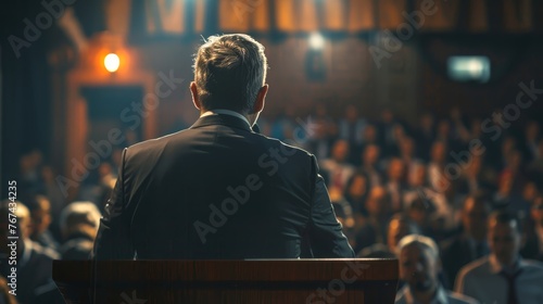 Political figure speaking from podium to electorates. Presidential hopeful with microphone. Caucasian man. Concept of elections, electioneering, candidate's address, political rally, voter interaction photo