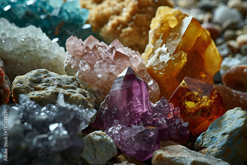 set of different types of colored precious faceted crystals and stones. geology and minerals photo