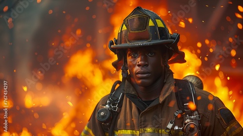 African American man firefighter in front of house fire. Seasoned fireman equipped for emergency. Brave black man. Concept of bravery, professional duty, fire suppression, life saving action photo