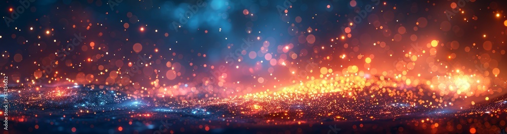 Abstract cosmic bokeh lights in blue and orange. Ethereal celestial background. Banner with copy space. Ideal for American political events and national holidays. - obrazy, fototapety, plakaty 