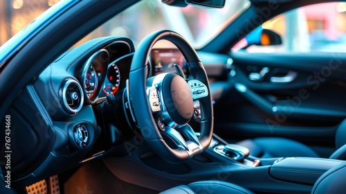 Modern car dashboard and leather seats in luxury vehicle. Elegant automotive interior design. Concept of comfort, luxury transport, sophisticated car interiors. © Jafree