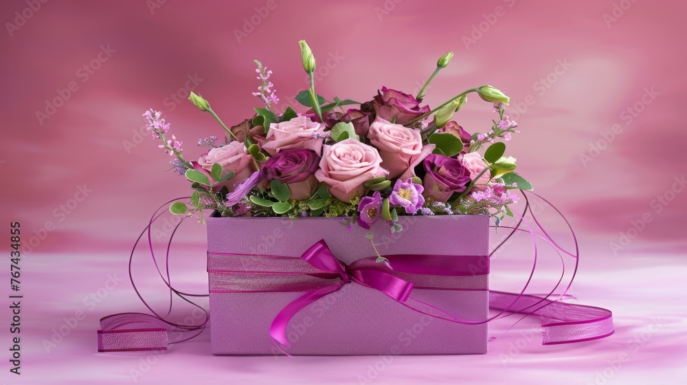 Obraz premium a purple box filled with lots of purple flowers and greenery with a pink ribbon tied around the top of the box.