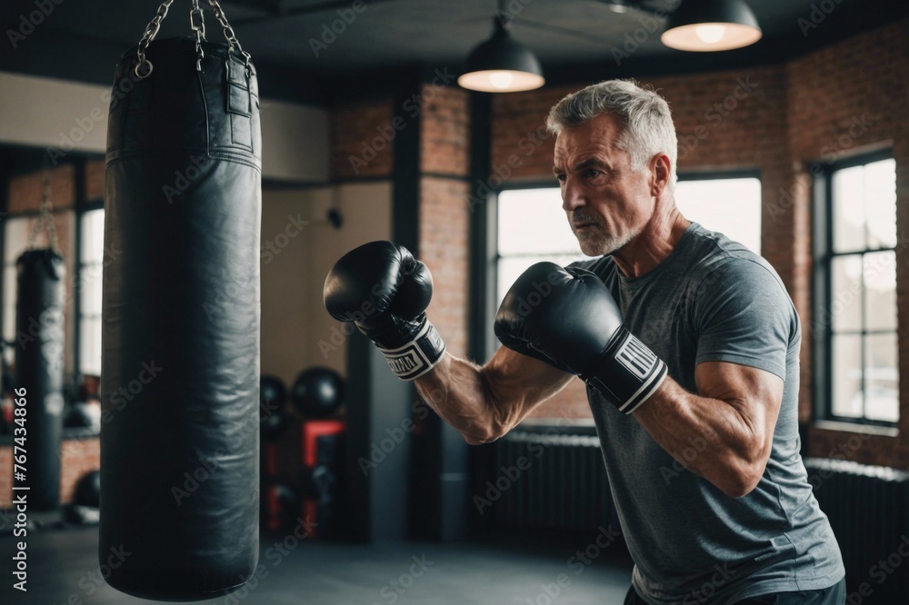 Fit mature man in sportswear and wearing boxing gloves hitting a punching bag during a workout session in a gym