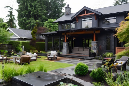 A craftsman house with a dark exterior, featuring a charming courtyard with a fountain and comfortable seating. © pick pix