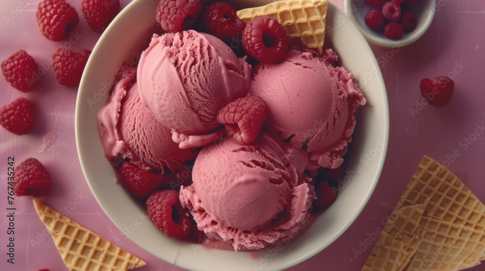 a bowl of raspberry ice cream with waffles and raspberries on a pink tablecloth. a bowl of raspberry ice cream with waffles and raspberries on a pink tablecloth.