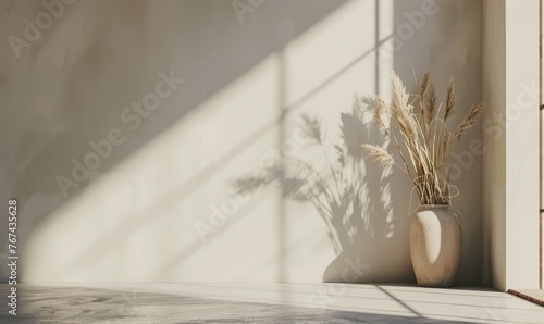 Minimalistic simple abstract light background for product presentation. Shadow and light from the window on the wall. Light concrete wall photo