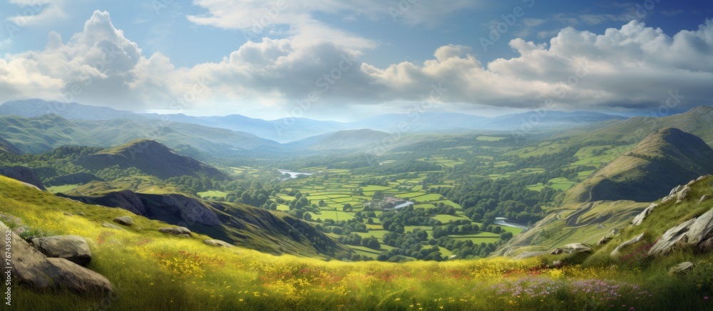 Fototapeta premium A picturesque natural landscape painting of a valley with towering mountains in the background, filled with lush green plants, trees, and grass under a cloudfilled sky