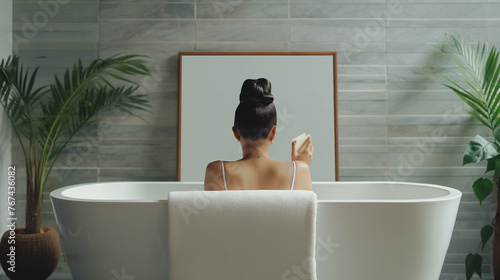 Mulher na banheira e ao fundo um cartaz em branco  photo