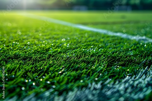 Closeup of soccer field lines on a grassy pitch creating a dynamic and vibrant sports background. Concept Sports Field, Soccer Lines, Grass Pitch, Dynamic Background, Vibrant Colors