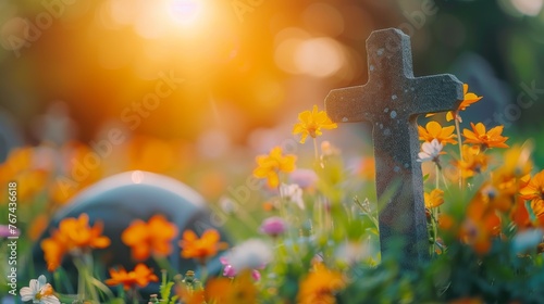Easter symbolism  cross on empty tombstone in sunrise meadow, religious concept at dawn photo