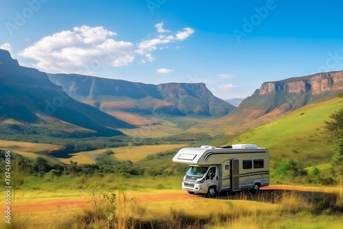 Motorhome parked in field with mountains background