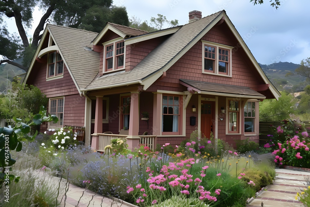 A picturesque craftsman cottage exterior adorned with dusty rose accents, nestled amidst wildflowers.
