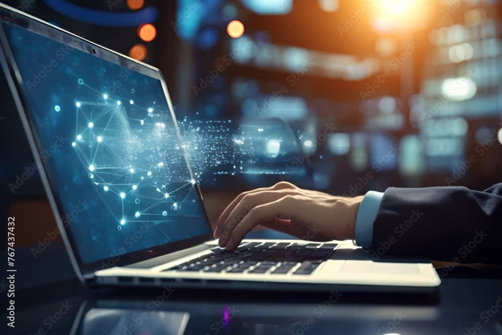 A laptop on a desk projecting a digital network hologram into the air, symbolizing global connectivity and data exchange. A laptop on a desk projecting a digital network hologram into the air, symbolizing global connectivity and data exchange.
