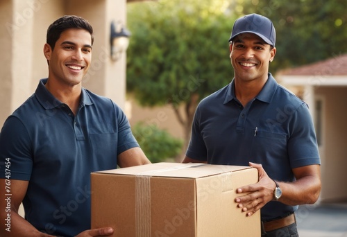 Two delivery men with a smiling customer. They are providing a package delivery service with satisfaction.