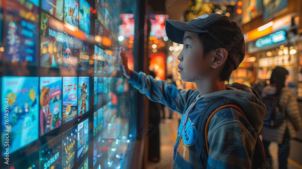 A young boy is looking at a large screen with many pictures on it