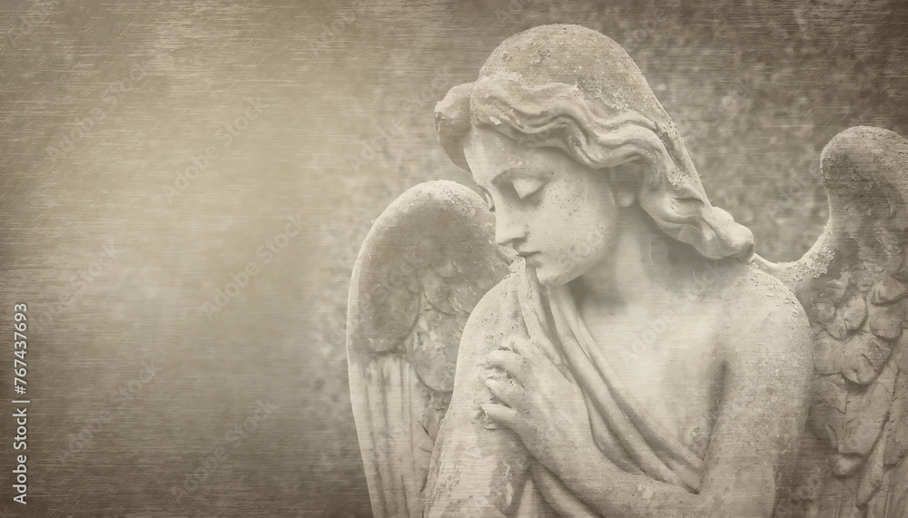 Grunge background with angel statue and space for text or image. Weathered old angel statue. Christianity, Memories, sadness, funeral concept. 