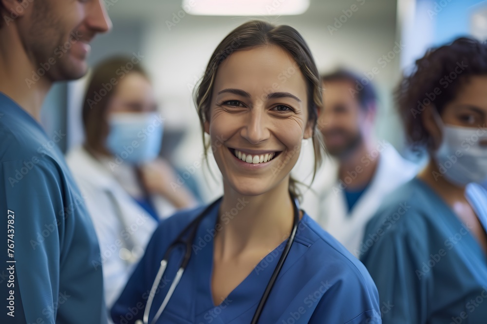 A woman in scrubs smiles at the camera A woman in scrubs smiles at the camera