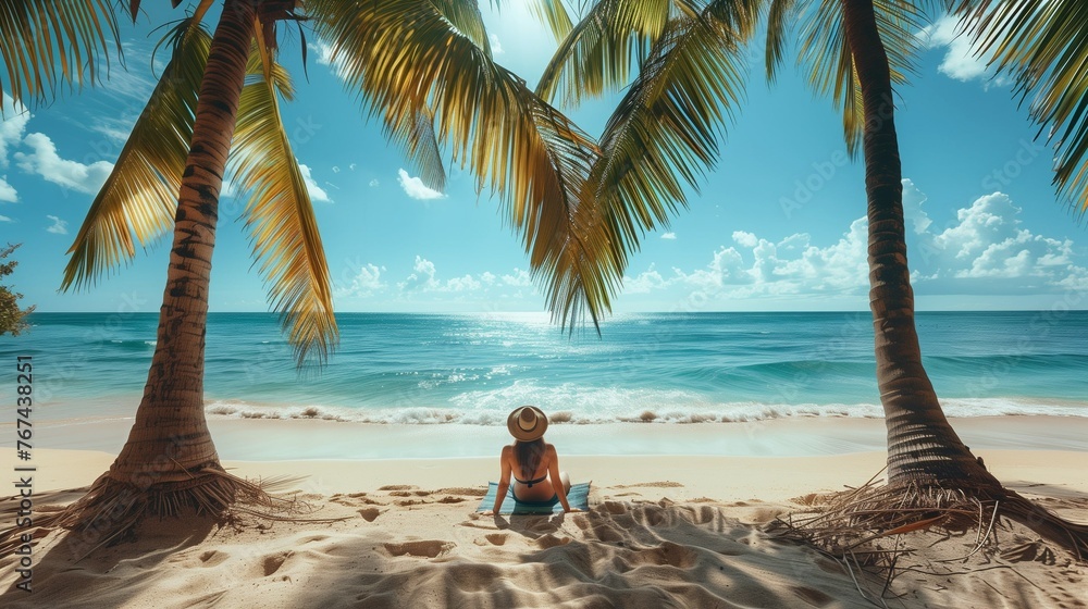 Woman in sitting on the exotic beach with palms by the ocean - obrazy, fototapety, plakaty 