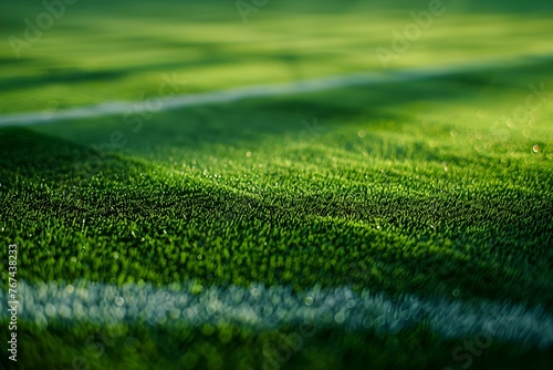 Dynamic and vibrant closeup of soccer field lines on a grassy pitch, creating a striking sports background. Concept Sports Photography, Soccer Fields, Grass Texture, Dynamic Composition