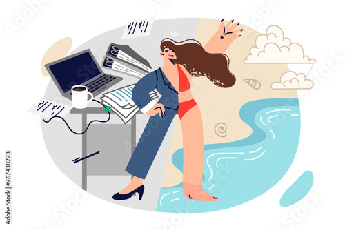 Woman manager dreams of summer trip, dressed in business suit and beach suit at same time