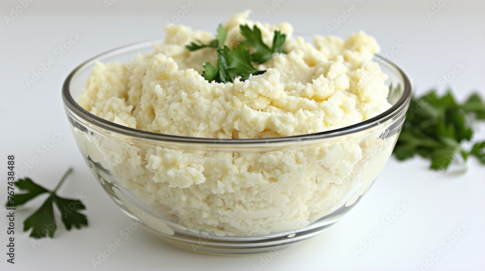 a bowl of mashed cauliflower next to a parsley sprig of parsley on a white surface. a bowl of mashed cauliflower next to a parsley sprig of parsley on a white surface.