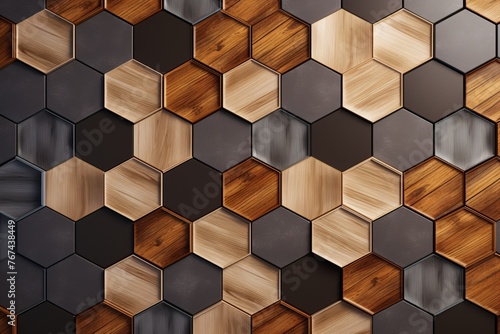 Hexagonal Wood Pattern Background, Geometric hexagon shapes wooden Background, hexagon 3d wood timber texture wall, AI Generative © Forhadx5