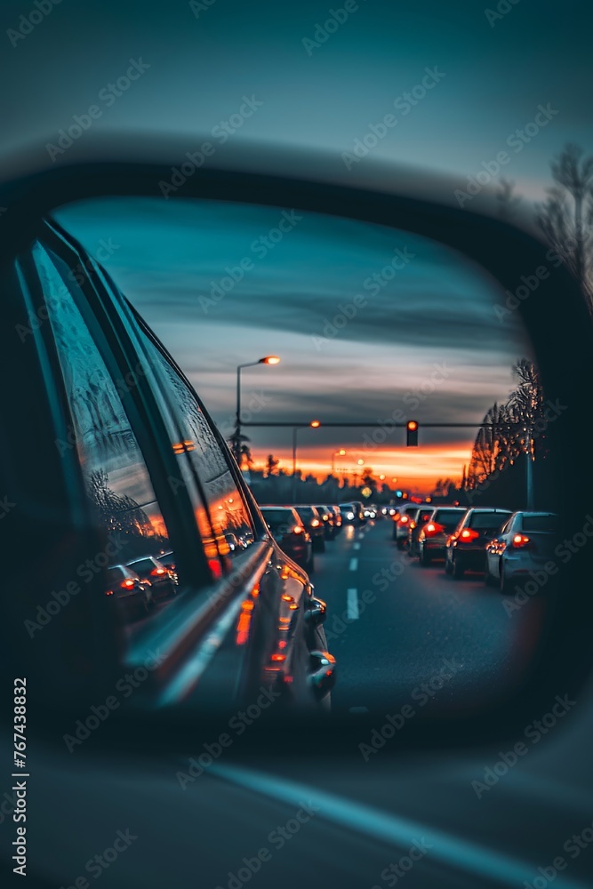 Evening traffic jam  cars with headlights in queue seen in rearview mirror reflection