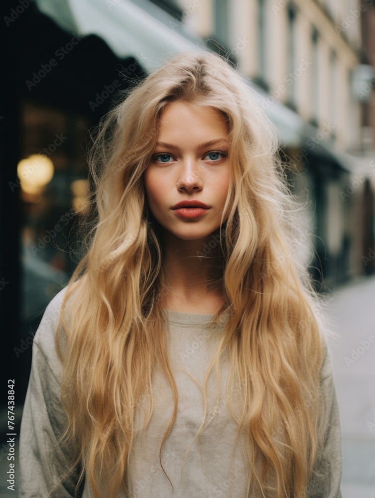 A blonde haired woman standing on a city street. Generative AI. A blonde haired woman standing on a city street. Generative AI.