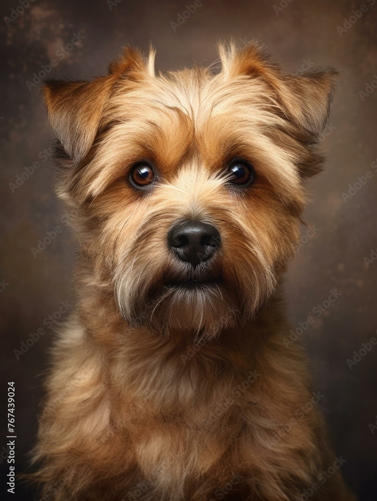 A brown dog with a black background and looking up. Generative AI.